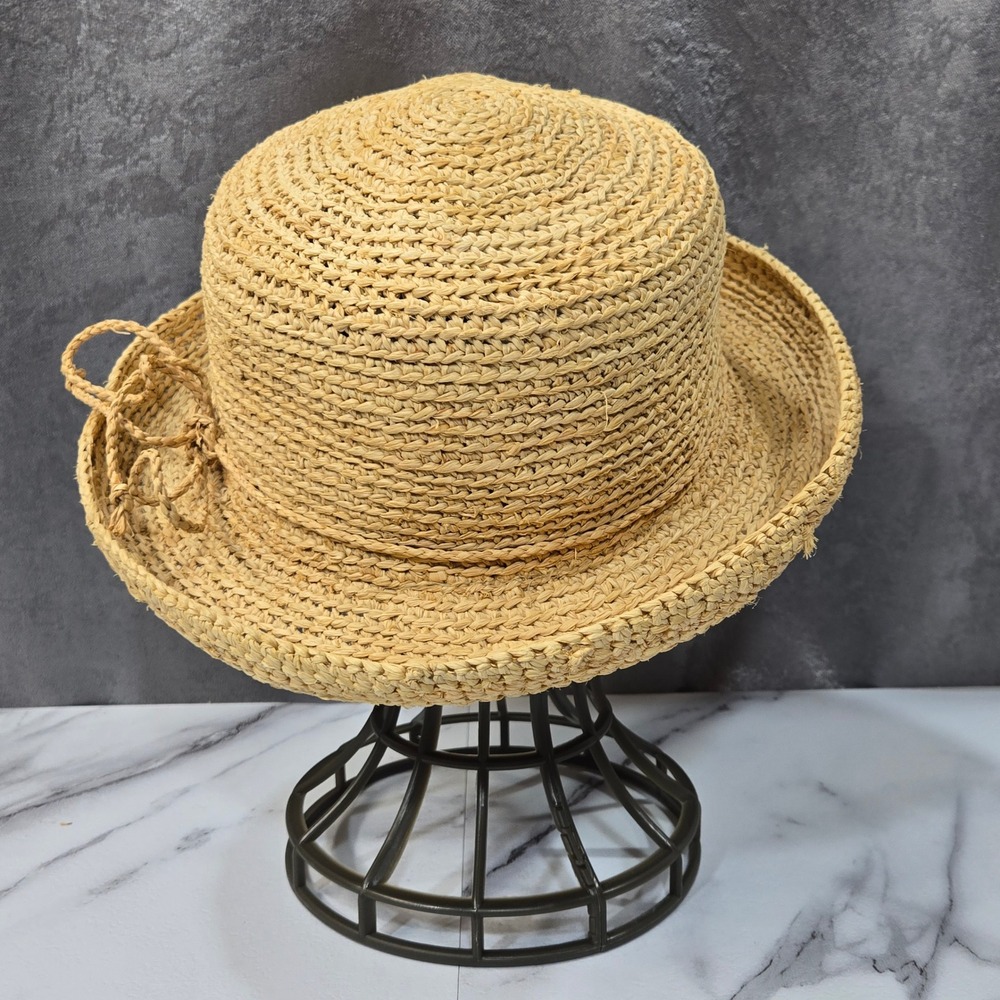 Scala Collection Straw Sun Hat Tan Hand Crocheted Raffia Boater Cloche Bow OS